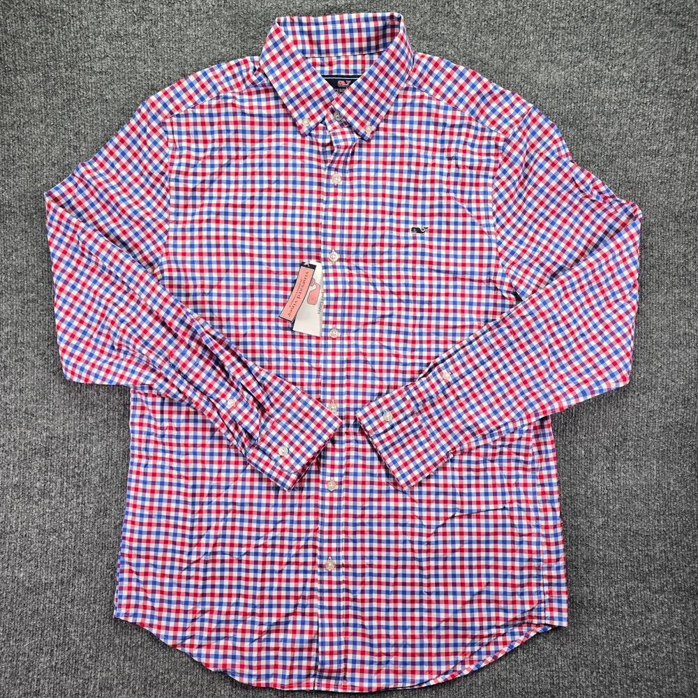 Vineyard Vines Whale Shirt Mens Medium Red Blue Check Stretch Performance Casual